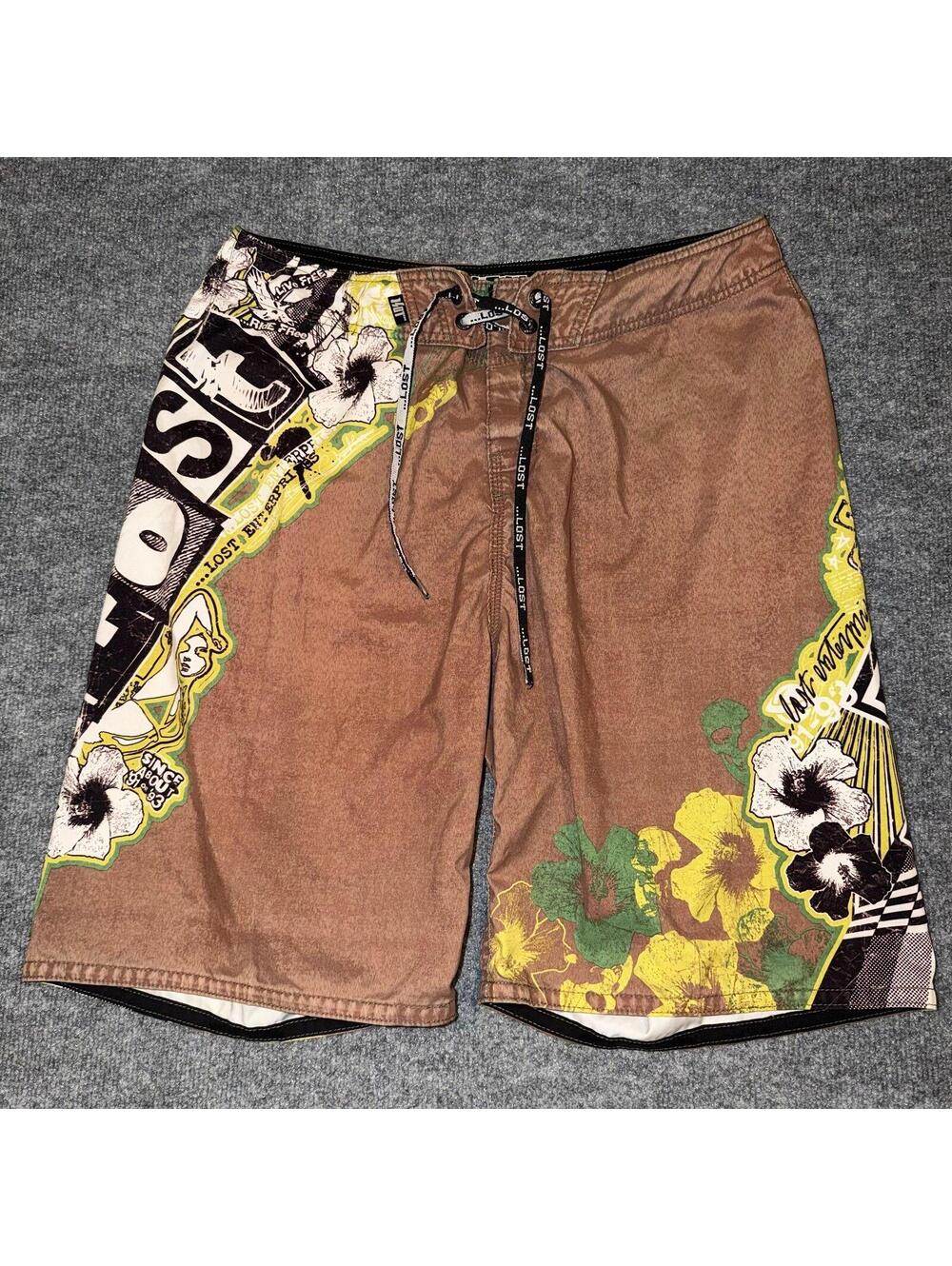 LOST Brown Floral Surf Board Shorts Mens LG 34 VTG Y2K 90s Rare